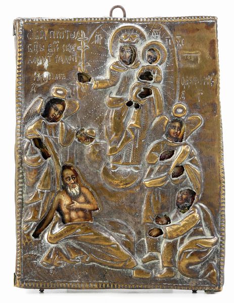 Icona con riza in rame dorato raffigurante Madonna e Bambino e Santi. XIX-XX secolo  - Asta Argenti e Icone - Associazione Nazionale - Case d'Asta italiane