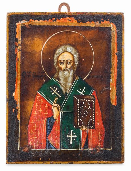 Icona a tempera su tavola raffigurante Santo. Russia XIX-XX secolo  - Asta Argenti e Icone - Associazione Nazionale - Case d'Asta italiane