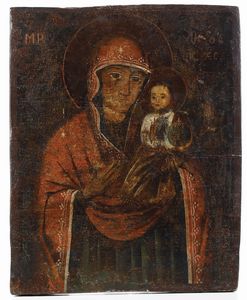 Madonna con Bambino. Icona tempera su tavola. Russia (?) XIX-XX secolo  - Asta Argenti e Icone - Associazione Nazionale - Case d'Asta italiane