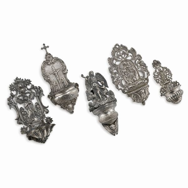 CINQUE ACQUASANTIERE, SECOLI XIX-XX  - Asta Argenti italiani ed europei - Associazione Nazionale - Case d'Asta italiane