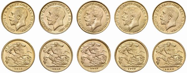 GRAN BRETAGNA. CINQUE RIPRODUZIONI DI MEZZE STERLINE ORO  - Asta AUREA - Associazione Nazionale - Case d'Asta italiane