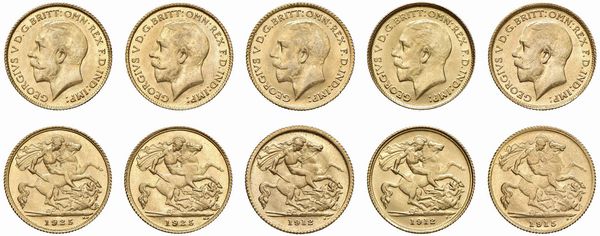 GRAN BRETAGNA. CINQUE RIPRODUZIONI DI MEZZE STERLINE ORO  - Asta AUREA - Associazione Nazionale - Case d'Asta italiane