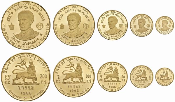 ETIOPIA. HAILE SELASSIE (1930-1974). CINQUE MONETE (200, 100, 50, 20, 10 DOLLARI) 1966  - Asta AUREA - Associazione Nazionale - Case d'Asta italiane