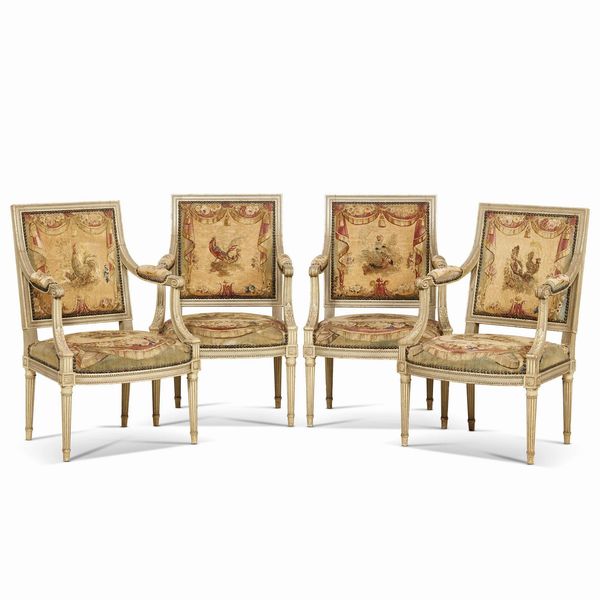 QUATTRO POLTRONE, ITALIA SETTENTRIONALE, FINE SECOLO XVIII  - Asta MOBILI, MAIOLICHE E OGGETTI D'ARTE - Associazione Nazionale - Case d'Asta italiane