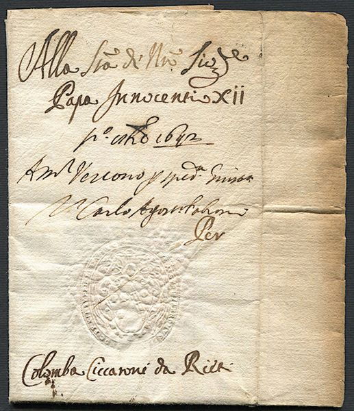 1692, Stato Pontificio, lettera da Rieti indirizzata a Papa Innocenzo XII (1615/1700).  - Asta Filatelia e Storia Postale - Associazione Nazionale - Case d'Asta italiane