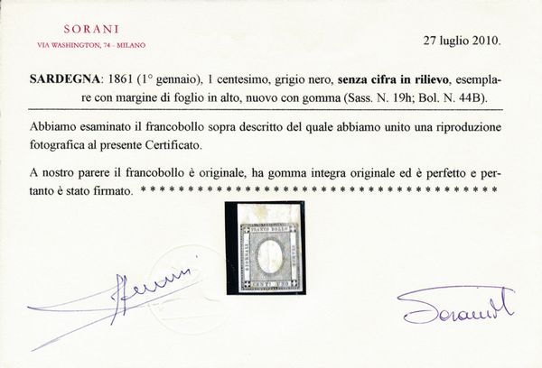 1861 - Sardegna - 1 cent. grigio nero bdf senza cifra in rilievo (Sass. 19h).  - Asta Filatelia e Storia Postale - Associazione Nazionale - Case d'Asta italiane