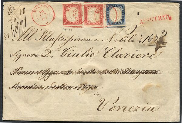 1861 - Sardegna - Grande busta raccomandata da Milano per Venezia del 10 agosto affrancata in tariffa da 1 lira triplo porto per un peso di 21 1/2 grammi, tassata in arrivo per 10 soldi.  - Asta Filatelia e Storia Postale - Associazione Nazionale - Case d'Asta italiane