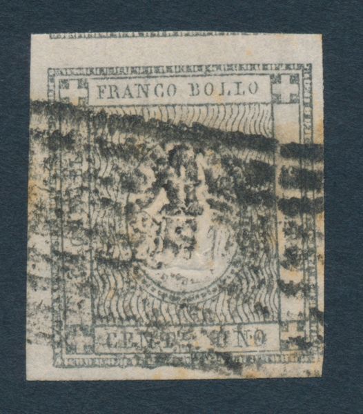 1861  Sardegna  Francobolli per stampati  1 cent. grigio nero (Sass. 19) annullato con parte del bollo a nove sbarre e Stemma Sabaudo, al centro, di fornitura modenese.  - Asta Filatelia e Storia Postale - Associazione Nazionale - Case d'Asta italiane