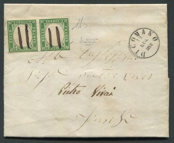 1862 - Regno di Sardegna - IV emissione - 5c. verde scuro coppia orizz. (Sass. 13D) su lettera da Dicomano a Firenze del 12 luglio - Annullo a penna in nero (p.ti 6).  - Asta Filatelia e Storia Postale - Associazione Nazionale - Case d'Asta italiane