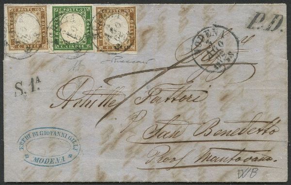 1862 - Sardegna - Lettera da Modena per San Benedetto del 3 agosto affrancata per 25c dalla I distanza italiana alla I distanza austriaca, con 5c e due es. del 10 cent. di Sardegna. Bolli accessori P.D. e S.1A in nero. Al verso bollo dell'ambulante Bologna-Milano e di Codogno del 3 agosto.  - Asta Filatelia e Storia Postale - Associazione Nazionale - Case d'Asta italiane
