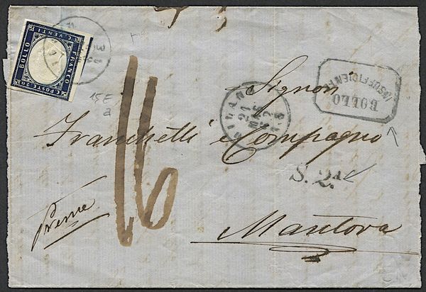 1862, Sardegna, lettera da Milano per Mantova del 21 maggio affrancata con 20 cents. della IV emissione. Bollo di arrivo al verso del 22 maggio, Bollo Insuficiente e S2A al recto, segno di tassazione di 16 soldi, secondo la convenzione in vigore da una settimana che non considerava il valore dellaffrancatura (la tariffa sarebbe dovuta essere di 25 cents.).  - Asta Filatelia e Storia Postale - Associazione Nazionale - Case d'Asta italiane
