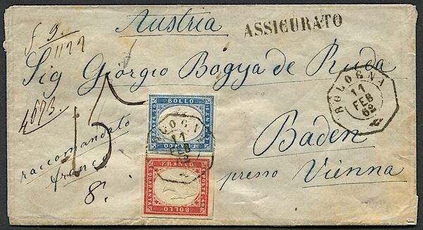 1862, Sardegna, raccomandata da Bologna per Baden (Austria) dell11 febbraio 1862  - Asta Filatelia e Storia Postale - Associazione Nazionale - Case d'Asta italiane