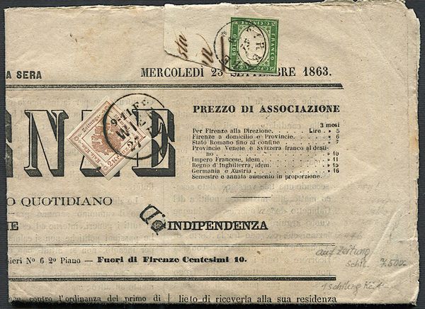 1863, Sardegna, Giornale Firenze, completo di quattro pagine  - Asta Filatelia e Storia Postale - Associazione Nazionale - Case d'Asta italiane