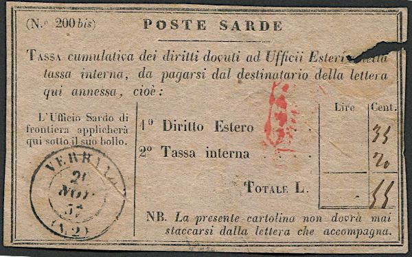 1857, Sardegna, Segnatasse, talloncino con dicitura N.B. in basso su due righe  - Asta Filatelia e Storia Postale - Associazione Nazionale - Case d'Asta italiane