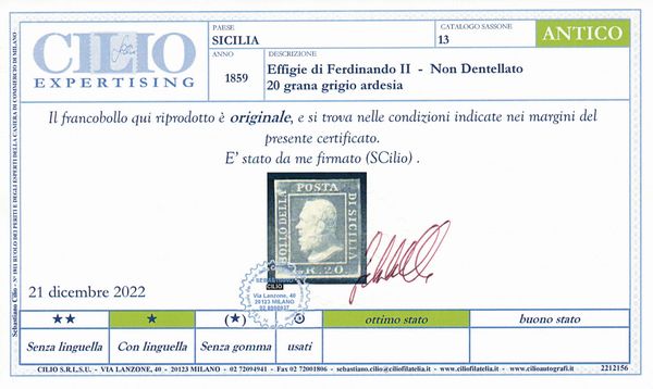 1859 � Sicilia � 20 grana grigio ardesia nuovo gomma integra (Sass. 13).  - Asta Filatelia e Storia Postale - Associazione Nazionale - Case d'Asta italiane