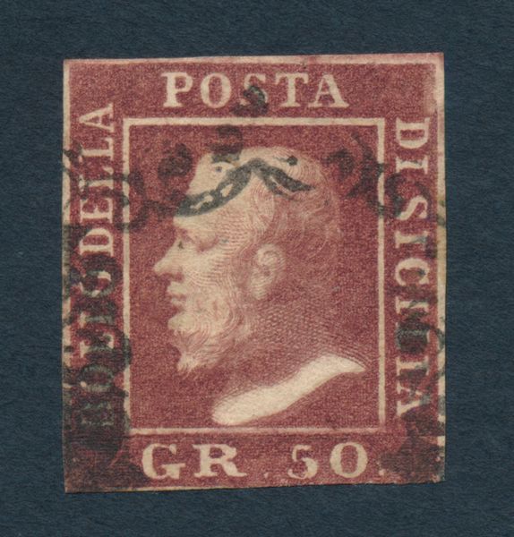 1859 - Sicilia - 50 grana lacca bruno (Sass. 14) annullato con parte di ferro di cavallo  - Asta Filatelia e Storia Postale - Associazione Nazionale - Case d'Asta italiane