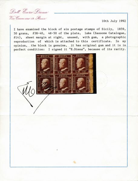 1859 - Regno delle due Sicilie, Sicilia - Blocco di sei esemplari, bordo di foglio destro (pos. 38, 39, 40, 48, 49 e 50), del 50 grana lacca bruno (Sass. 14).  - Asta Filatelia e Storia Postale - Associazione Nazionale - Case d'Asta italiane