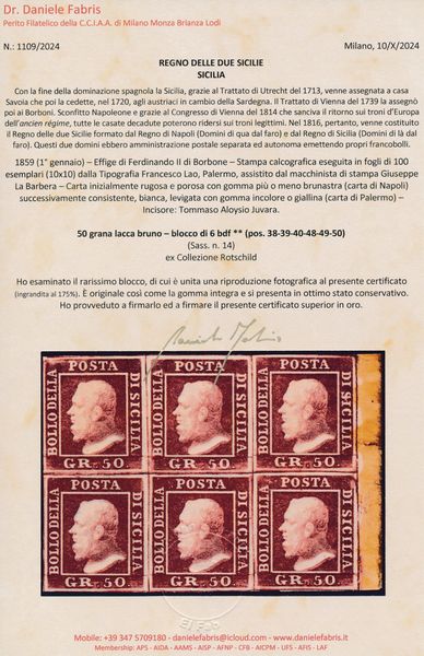 1859 - Regno delle due Sicilie, Sicilia - Blocco di sei esemplari, bordo di foglio destro (pos. 38, 39, 40, 48, 49 e 50), del 50 grana lacca bruno (Sass. 14).  - Asta Filatelia e Storia Postale - Associazione Nazionale - Case d'Asta italiane