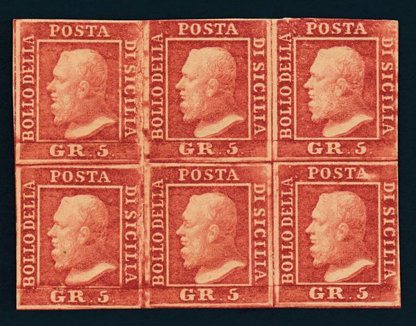 1859 - Regno delle due Sicilie, Sicilia - Blocco di sei esemplari (pos. 75, 76, 77, 85, 86 e 87) del 5 grana rosso sangue (Sass. 9c)  - Asta Filatelia e Storia Postale - Associazione Nazionale - Case d'Asta italiane