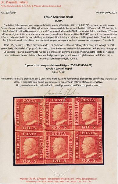 1859 - Regno delle due Sicilie, Sicilia - Blocco di sei esemplari (pos. 75, 76, 77, 85, 86 e 87) del 5 grana rosso sangue (Sass. 9c)  - Asta Filatelia e Storia Postale - Associazione Nazionale - Case d'Asta italiane