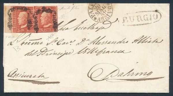 1859 - Lettera assicurata da Burgio a Palermo del 18 maggio affrancata con, 1859, coppia orizzontale bdf, 5 grana rosso sangue, I tavola, pos. 61-62 (Sass. 9c).  - Asta Filatelia e Storia Postale - Associazione Nazionale - Case d'Asta italiane