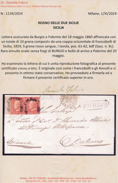 1859 - Lettera assicurata da Burgio a Palermo del 18 maggio affrancata con, 1859, coppia orizzontale bdf, 5 grana rosso sangue, I tavola, pos. 61-62 (Sass. 9c).  - Asta Filatelia e Storia Postale - Associazione Nazionale - Case d'Asta italiane