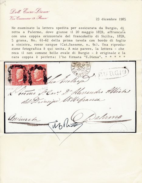 1859 - Lettera assicurata da Burgio a Palermo del 18 maggio affrancata con, 1859, coppia orizzontale bdf, 5 grana rosso sangue, I tavola, pos. 61-62 (Sass. 9c).  - Asta Filatelia e Storia Postale - Associazione Nazionale - Case d'Asta italiane
