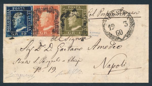 1860 - Letterina da Messina a Napoli del v12 marzo affrancata con, 1859, 1 grano verde oliva scuro, carta di Napoli, III tavola, 5 grana vermiglio vivo, II tavola e 10 grana indaco nero (Sass. 5b, 11a e 12a).  - Asta Filatelia e Storia Postale - Associazione Nazionale - Case d'Asta italiane