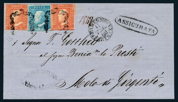 1860 - Sovracoperta per assicurata da Palermo a Molo di Girgenti dell11 febbraio affrancata con, 1859, 2 grana azzurro chiaro, carta di Palermo, III tavola, e due esemplari del 5 grana vermiglio, II  tavola (Sass. 8 e 11).  - Asta Filatelia e Storia Postale - Associazione Nazionale - Case d'Asta italiane