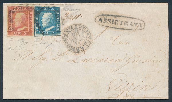 1860 - Sovracoperta per assicurata da Palermo a Vizzini del 24 marzo affrancata con, 1859, 2 grana azzurro chiaro, carta di Palermo, III tavola e 5 grana rosa vermiglio, I tavola (Sass. 8 e 9e)  - Asta Filatelia e Storia Postale - Associazione Nazionale - Case d'Asta italiane