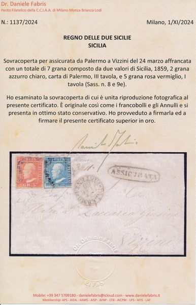 1860 - Sovracoperta per assicurata da Palermo a Vizzini del 24 marzo affrancata con, 1859, 2 grana azzurro chiaro, carta di Palermo, III tavola e 5 grana rosa vermiglio, I tavola (Sass. 8 e 9e)  - Asta Filatelia e Storia Postale - Associazione Nazionale - Case d'Asta italiane