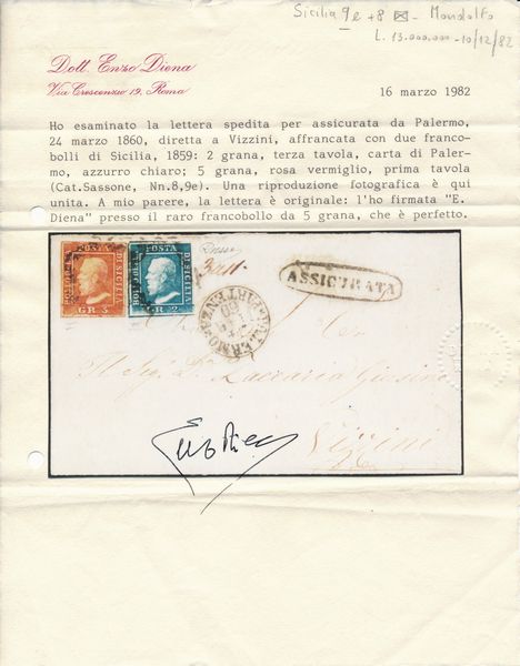 1860 - Sovracoperta per assicurata da Palermo a Vizzini del 24 marzo affrancata con, 1859, 2 grana azzurro chiaro, carta di Palermo, III tavola e 5 grana rosa vermiglio, I tavola (Sass. 8 e 9e)  - Asta Filatelia e Storia Postale - Associazione Nazionale - Case d'Asta italiane