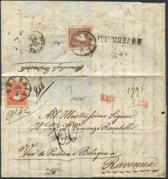 1860 - Lombardo Veneto - Raccomandata da Venezia per Ravenna del 20 febbraio 1860.  - Asta Filatelia e Storia Postale - Associazione Nazionale - Case d'Asta italiane