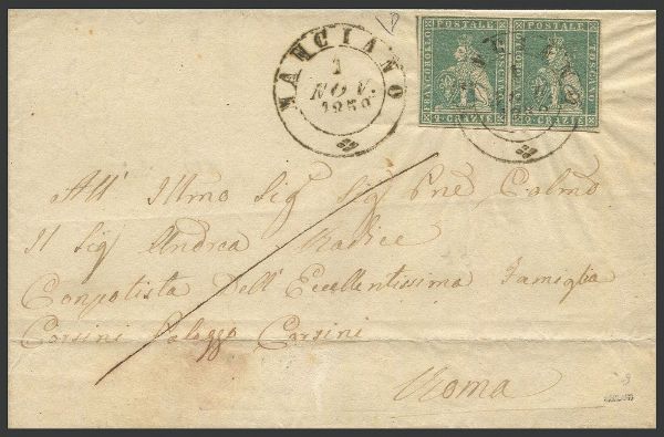 1859, Toscana, Governo Provvisorio, lettera da Manciano per Roma del 1 novembre affrancata in tariffa di 4 crazie per lettere via di terra per la seconda distanza, dirette nello Stato Pontificio, con coppia del 2 crazie verde su bianco (Sass. 13a) annullata con bollo a doppio cerchio di Manciano. Al verso bollo di arrivo di Roma del 3 novembre.  - Asta Filatelia e Storia Postale - Associazione Nazionale - Case d'Asta italiane