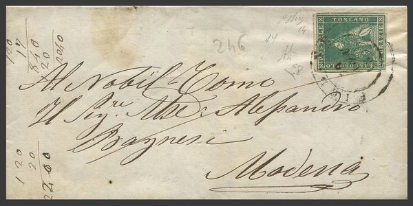 1859, Toscana, Governo Provvisorio, lettera da Figline per Modena del 10 novembre affrancata in tariffa di 4 crazie per lettere per i Paesi della Lega Austro-Italica oltre il raggio di 75 chilometri, entro la II distanza, con 4 crazie verde su bianco (Sass. 14). Al verso bollo di arrivo a Modena del giorno dopo.  - Asta Filatelia e Storia Postale - Associazione Nazionale - Case d'Asta italiane