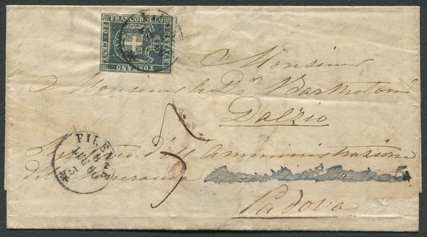 1860 - Toscana, Governo provvisorio - Lettera da Firenze a Padova con 20c. azzurro grigio (20b). Segno di tassa di 5 soldi.  - Asta Filatelia e Storia Postale - Associazione Nazionale - Case d'Asta italiane