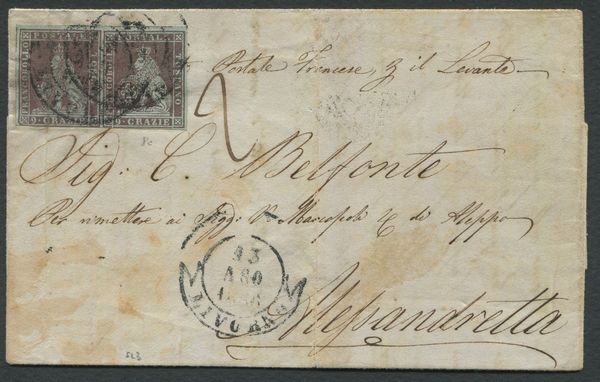 1856 - Granducato di Toscana - Coppia, ben marginata, del 9 crazie azzurro violaceo su azzurro (Sass. 7b) su lettera da Livorno ad Alessandretta (Impero turco) del 13 agosto via Piroscafo francese per il Levante.  - Asta Filatelia e Storia Postale - Associazione Nazionale - Case d'Asta italiane