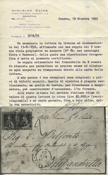 1856 - Granducato di Toscana - Coppia, ben marginata, del 9 crazie azzurro violaceo su azzurro (Sass. 7b) su lettera da Livorno ad Alessandretta (Impero turco) del 13 agosto via Piroscafo francese per il Levante.  - Asta Filatelia e Storia Postale - Associazione Nazionale - Case d'Asta italiane