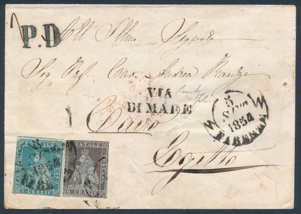 1854 - Granducato di Toscana - 2 crazie azzurro chiaro su grigio e 9 crazie bruno violaceo su azzurro (Sass. 5 e 8b), difetti di marginatura, su lettera da Firenze a Il Cairo del 5 settembre - Incoerenza di tariffa ne suggerisce la mancanza di un francobollo di cui si vede l�impronta residua - Raro bollo di Firenze VIA DI MARE in nero (RR Catalogo Salles) - La lettera transit� dall�ufficio francese di Alessandria d�Egitto al Cairo tramite LA POSTA EUROPEA DI ALESSANDRIA D�EGITTO.  - Asta Filatelia e Storia Postale - Associazione Nazionale - Case d'Asta italiane