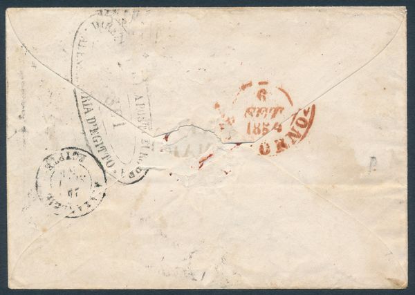 1854 - Granducato di Toscana - 2 crazie azzurro chiaro su grigio e 9 crazie bruno violaceo su azzurro (Sass. 5 e 8b), difetti di marginatura, su lettera da Firenze a Il Cairo del 5 settembre - Incoerenza di tariffa ne suggerisce la mancanza di un francobollo di cui si vede l�impronta residua - Raro bollo di Firenze VIA DI MARE in nero (RR Catalogo Salles) - La lettera transit� dall�ufficio francese di Alessandria d�Egitto al Cairo tramite LA POSTA EUROPEA DI ALESSANDRIA D�EGITTO.  - Asta Filatelia e Storia Postale - Associazione Nazionale - Case d'Asta italiane