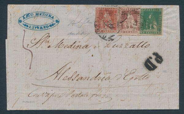 1858 - Granducato di Toscana - Posta Europea di Alessandria 60 crazie scarlatto cupo su grigio (Sass. 9), 1 crazia carminio su grigio (Sass. 4) e 4 crazie verde II emissione su lettera da Livorno ad Alessandria dEgitto del 25 giugno (Archivio Luzzato)  - Asta Filatelia e Storia Postale - Associazione Nazionale - Case d'Asta italiane