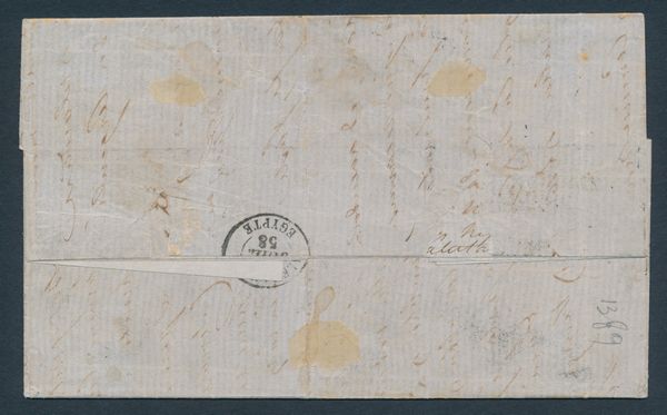 1858 - Granducato di Toscana - Posta Europea di Alessandria 60 crazie scarlatto cupo su grigio (Sass. 9), 1 crazia carminio su grigio (Sass. 4) e 4 crazie verde II emissione su lettera da Livorno ad Alessandria dEgitto del 25 giugno (Archivio Luzzato)  - Asta Filatelia e Storia Postale - Associazione Nazionale - Case d'Asta italiane