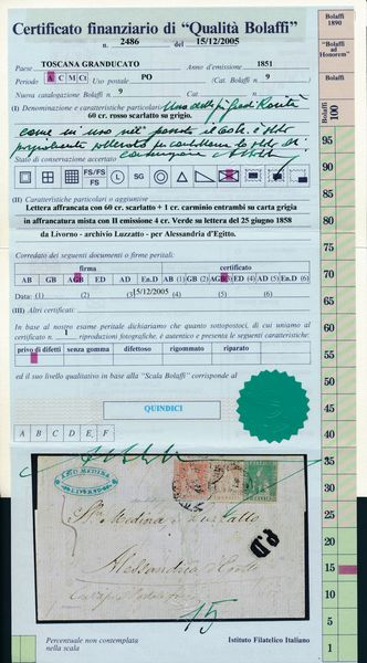 1858 - Granducato di Toscana - Posta Europea di Alessandria 60 crazie scarlatto cupo su grigio (Sass. 9), 1 crazia carminio su grigio (Sass. 4) e 4 crazie verde II emissione su lettera da Livorno ad Alessandria dEgitto del 25 giugno (Archivio Luzzato)  - Asta Filatelia e Storia Postale - Associazione Nazionale - Case d'Asta italiane