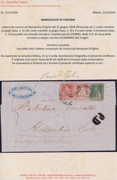 1858 - Granducato di Toscana - Posta Europea di Alessandria 60 crazie scarlatto cupo su grigio (Sass. 9), 1 crazia carminio su grigio (Sass. 4) e 4 crazie verde II emissione su lettera da Livorno ad Alessandria dEgitto del 25 giugno (Archivio Luzzato)  - Asta Filatelia e Storia Postale - Associazione Nazionale - Case d'Asta italiane