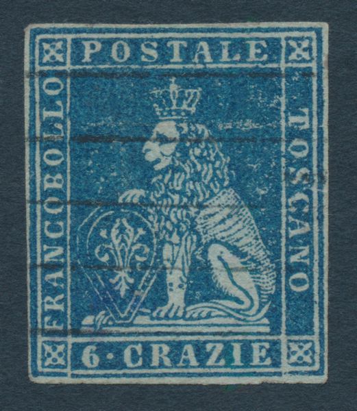 1851  Toscana  6c. azzurro scuro su azzurro Marzocco usato (Sass. 7c).  - Asta Filatelia e Storia Postale - Associazione Nazionale - Case d'Asta italiane
