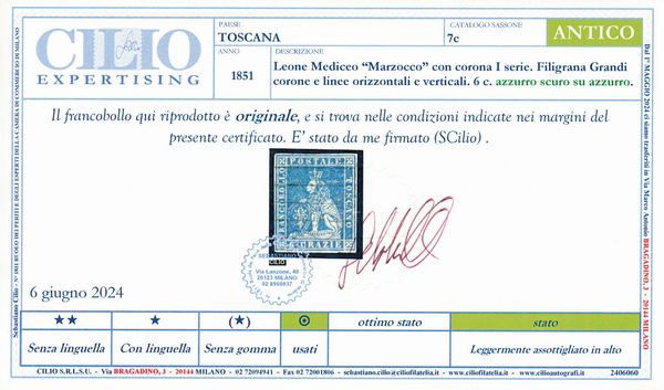 1851  Toscana  6c. azzurro scuro su azzurro Marzocco usato (Sass. 7c).  - Asta Filatelia e Storia Postale - Associazione Nazionale - Case d'Asta italiane
