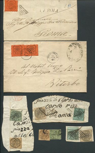 Stato Pontificio - Piccolo lotto composto da cinque sovracoperte I e II emissione, cinque frammenti I amissione (si nota un 3b. bistro arancio stampa oleosa) ed un 1/2b. violetto usato ben marginato.  - Asta Filatelia e Storia Postale - Associazione Nazionale - Case d'Asta italiane