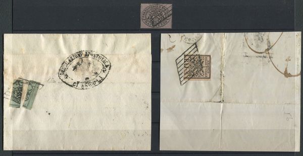 Stato Pontificio - Piccolo lotto composto da cinque sovracoperte I e II emissione, cinque frammenti I amissione (si nota un 3b. bistro arancio stampa oleosa) ed un 1/2b. violetto usato ben marginato.  - Asta Filatelia e Storia Postale - Associazione Nazionale - Case d'Asta italiane