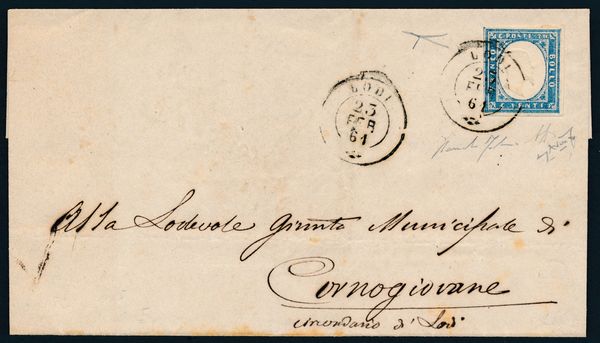 1861 - Regno d'Italia - Lettera da Lodi a Cornogiovane via Codogno e Maleo del 23 febbraio affrancata con francobollo sardo, IV emissione, tiratira del 1860, 20 cent. azzurro grigio (Sass. 15Cc).  - Asta Filatelia e Storia Postale - Associazione Nazionale - Case d'Asta italiane