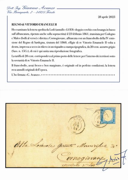 1861 - Regno d'Italia - Lettera da Lodi a Cornogiovane via Codogno e Maleo del 23 febbraio affrancata con francobollo sardo, IV emissione, tiratira del 1860, 20 cent. azzurro grigio (Sass. 15Cc).  - Asta Filatelia e Storia Postale - Associazione Nazionale - Case d'Asta italiane